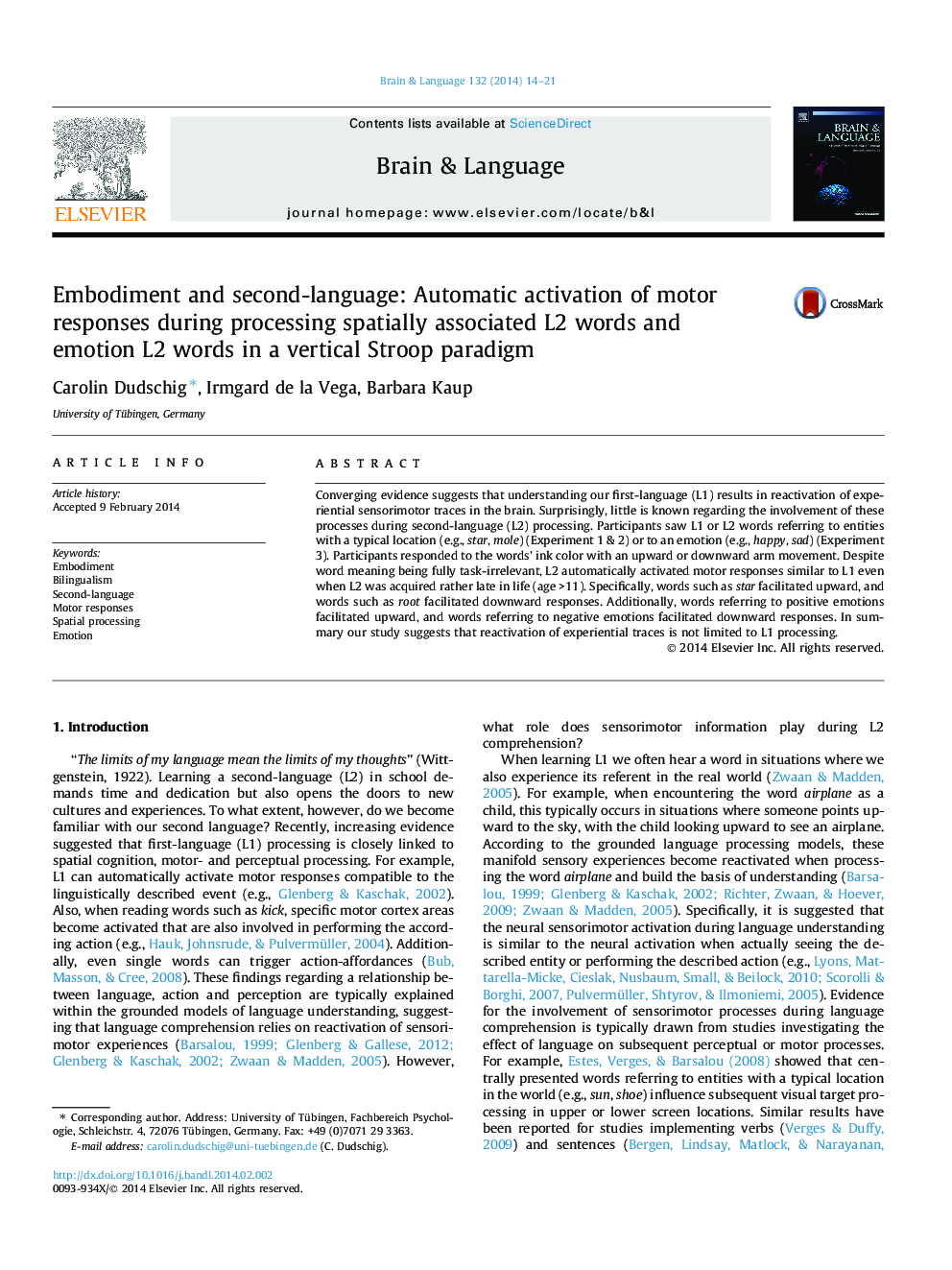 Embodiment and second-language: Automatic activation of motor responses during processing spatially associated L2 words and emotion L2 words in a vertical Stroop paradigm