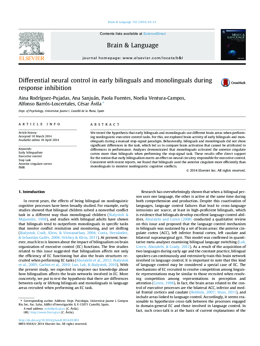 Differential neural control in early bilinguals and monolinguals during response inhibition