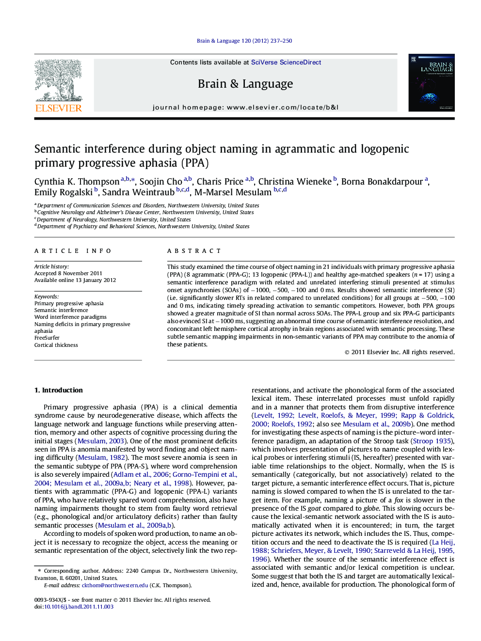 Semantic interference during object naming in agrammatic and logopenic primary progressive aphasia (PPA)