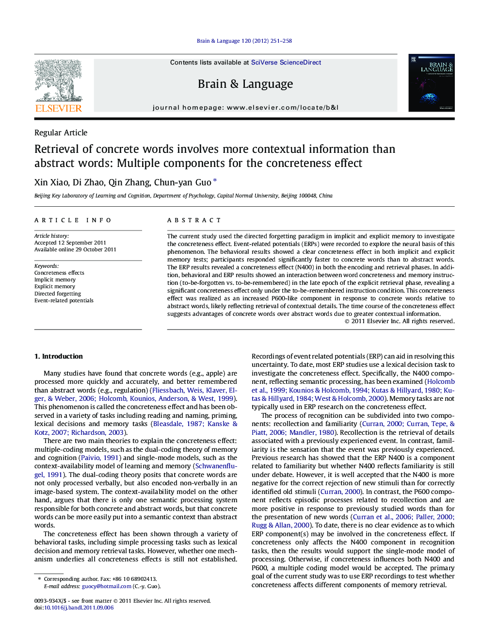 Retrieval of concrete words involves more contextual information than abstract words: Multiple components for the concreteness effect