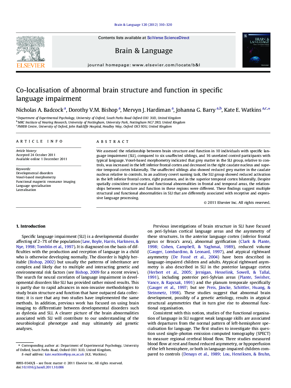 Co-localisation of abnormal brain structure and function in specific language impairment