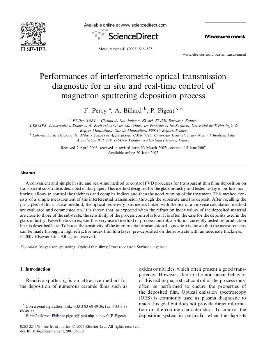 Performances of interferometric optical transmission diagnostic for in situ and real-time control of magnetron sputtering deposition process