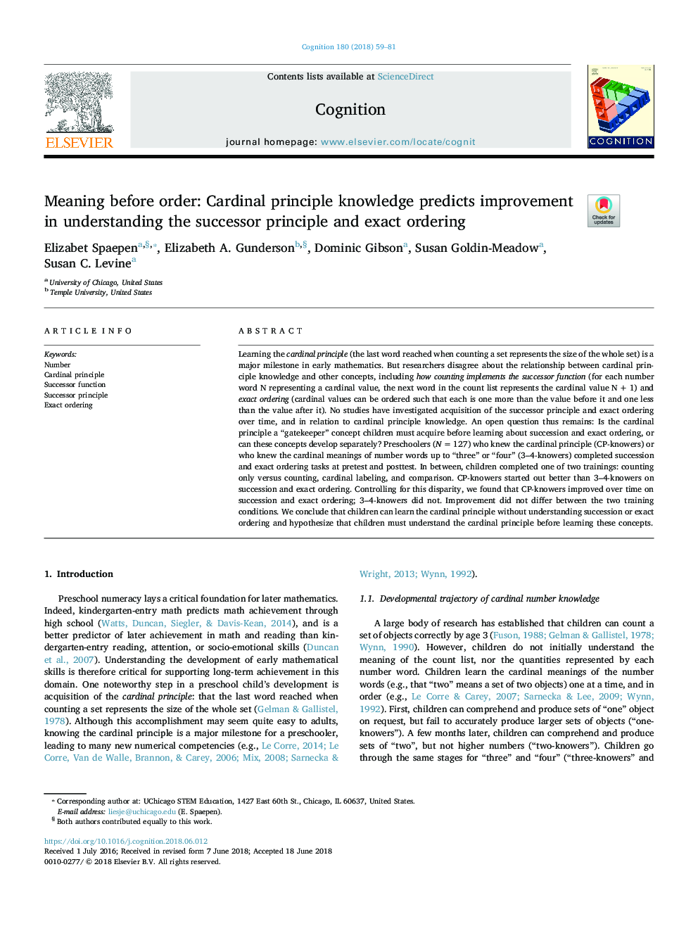 Meaning before order: Cardinal principle knowledge predicts improvement in understanding the successor principle and exact ordering