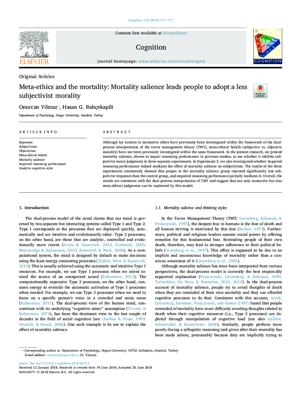 Meta-ethics and the mortality: Mortality salience leads people to adopt a less subjectivist morality