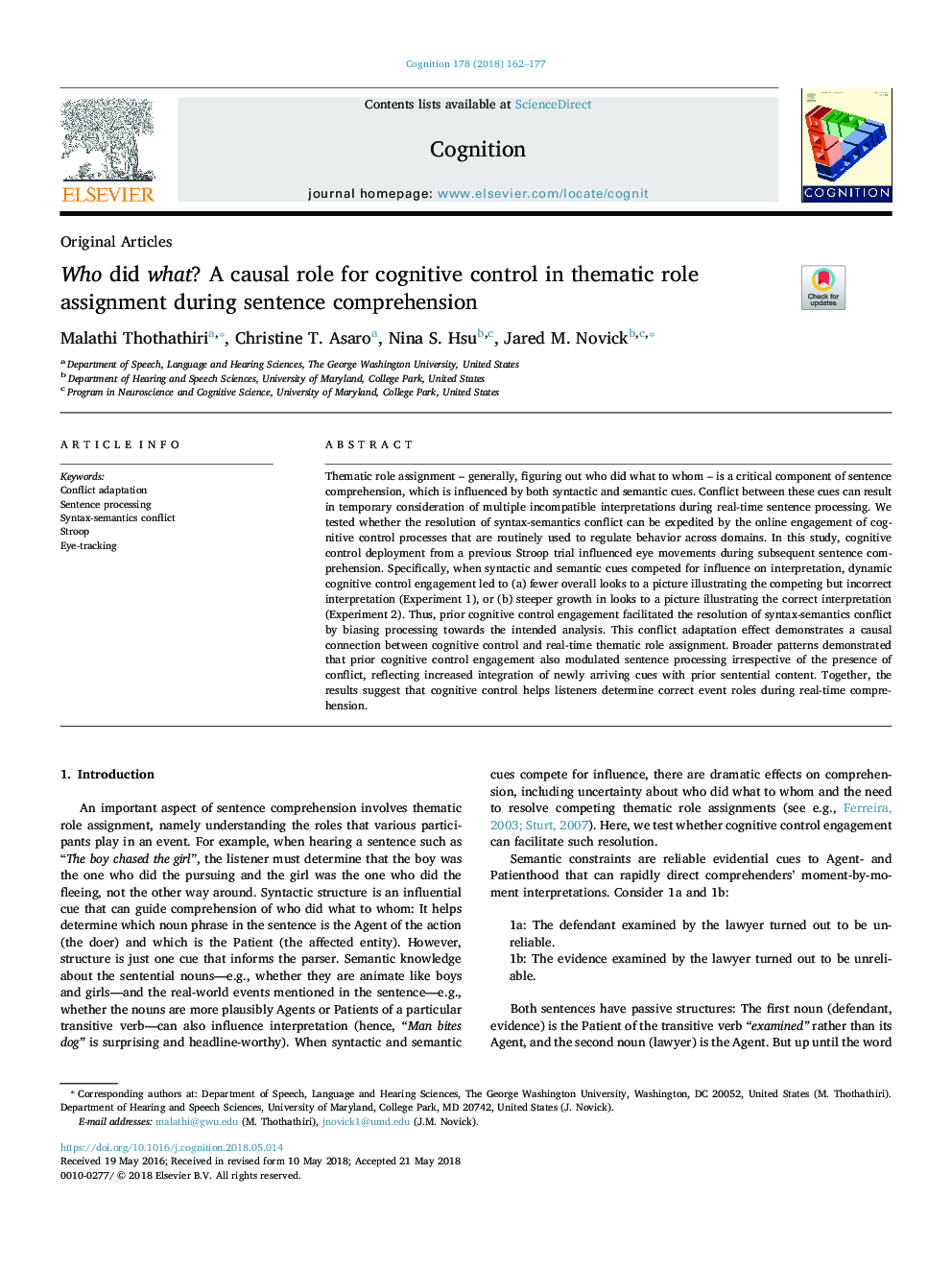 Who did what? A causal role for cognitive control in thematic role assignment during sentence comprehension