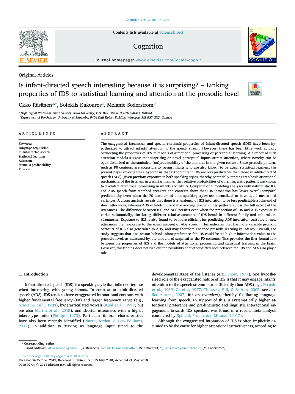 Is infant-directed speech interesting because it is surprising? - Linking properties of IDS to statistical learning and attention at the prosodic level