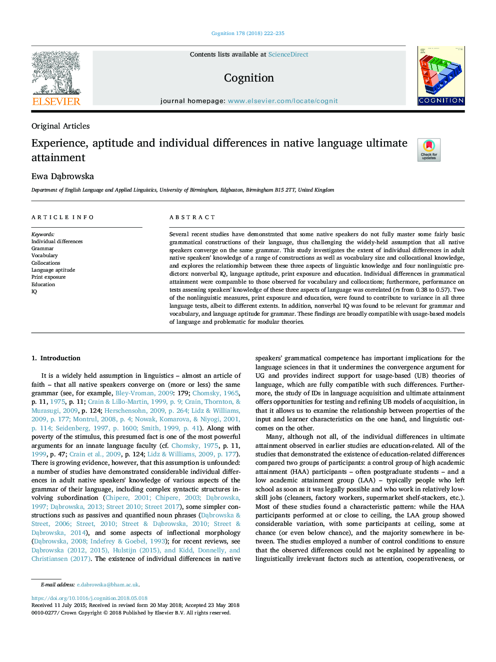 Experience, aptitude and individual differences in native language ultimate attainment