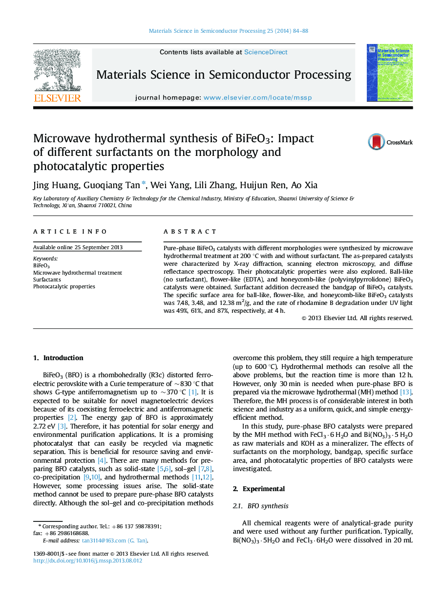 Microwave hydrothermal synthesis of BiFeO3: Impact of different surfactants on the morphology and photocatalytic properties