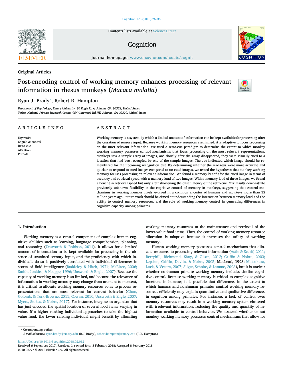 Post-encoding control of working memory enhances processing of relevant information in rhesus monkeys (Macaca mulatta)