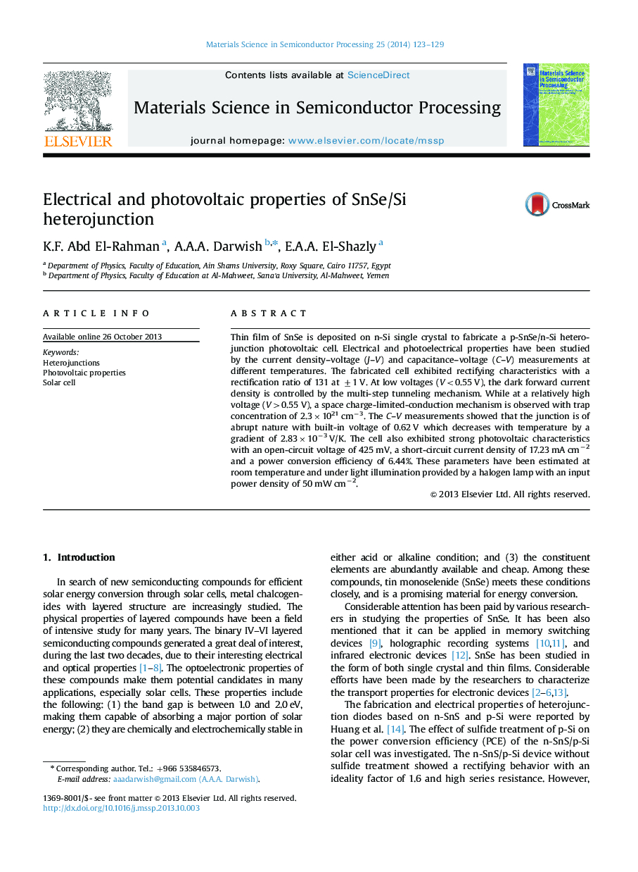 Electrical and photovoltaic properties of SnSe/Si heterojunction