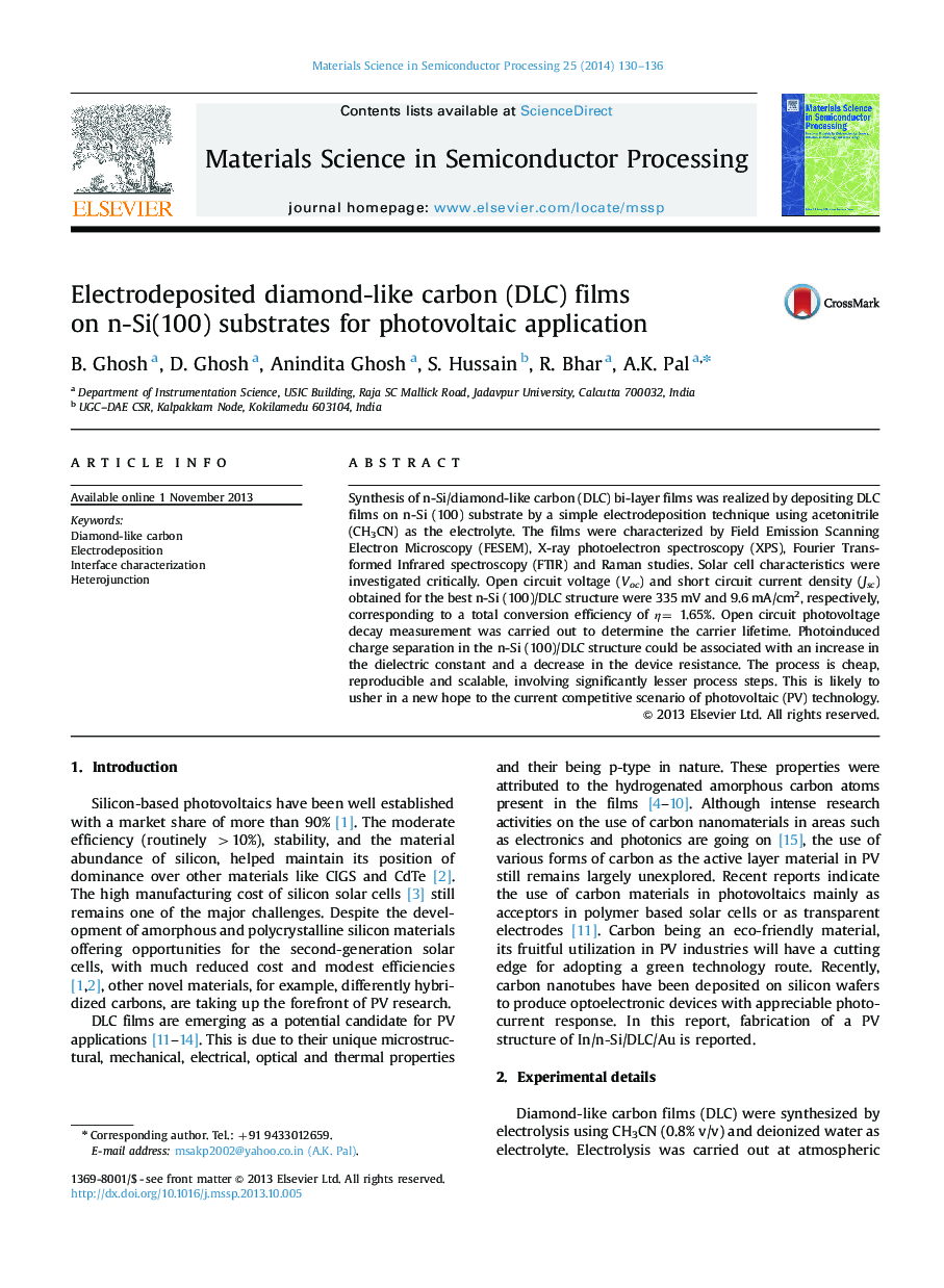 Electrodeposited diamond-like carbon (DLC) films on n-Si(100) substrates for photovoltaic application