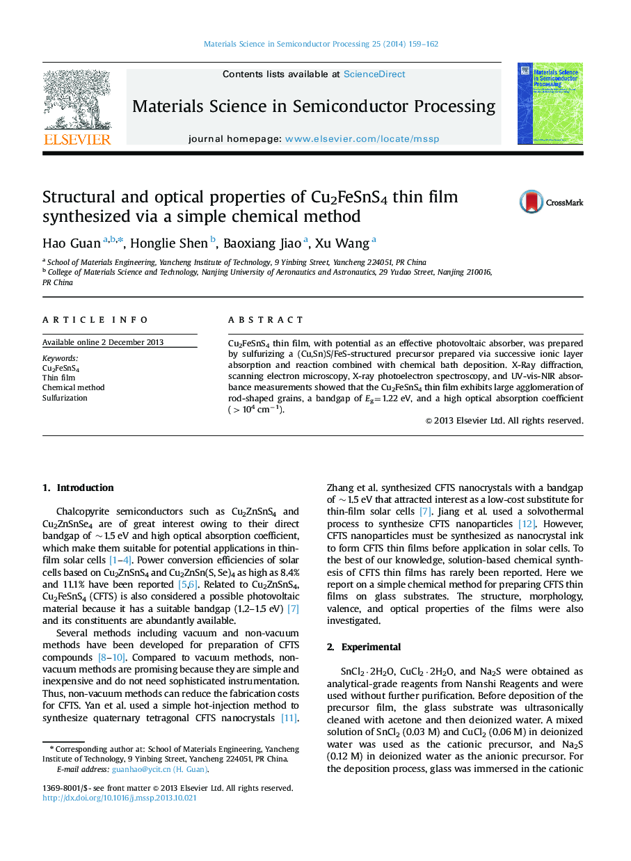 Structural and optical properties of Cu2FeSnS4 thin film synthesized via a simple chemical method