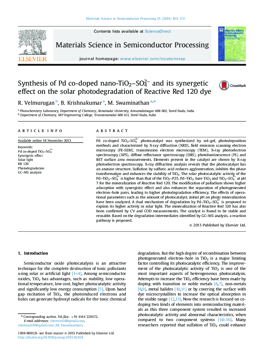 Synthesis of Pd co-doped nano-TiO2–SO42– and its synergetic effect on the solar photodegradation of Reactive Red 120 dye