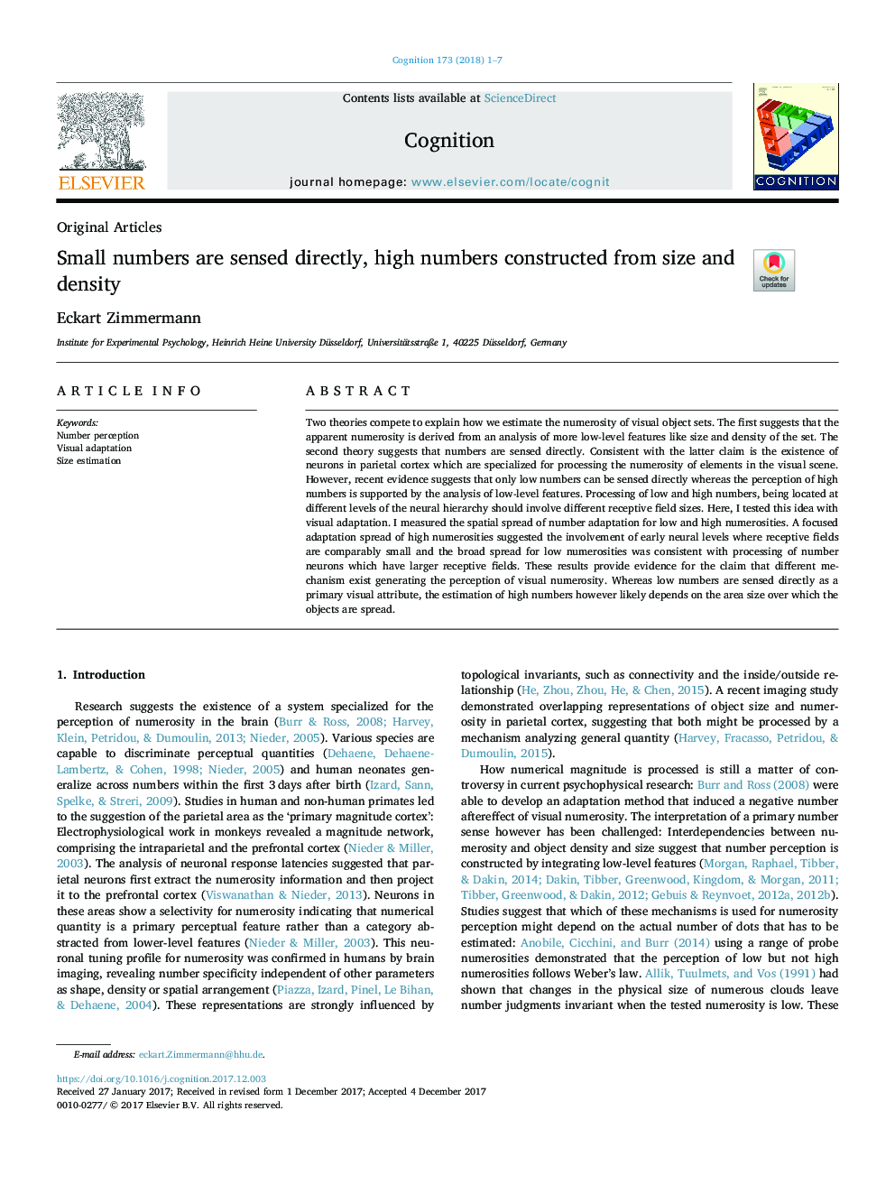 Small numbers are sensed directly, high numbers constructed from size and density