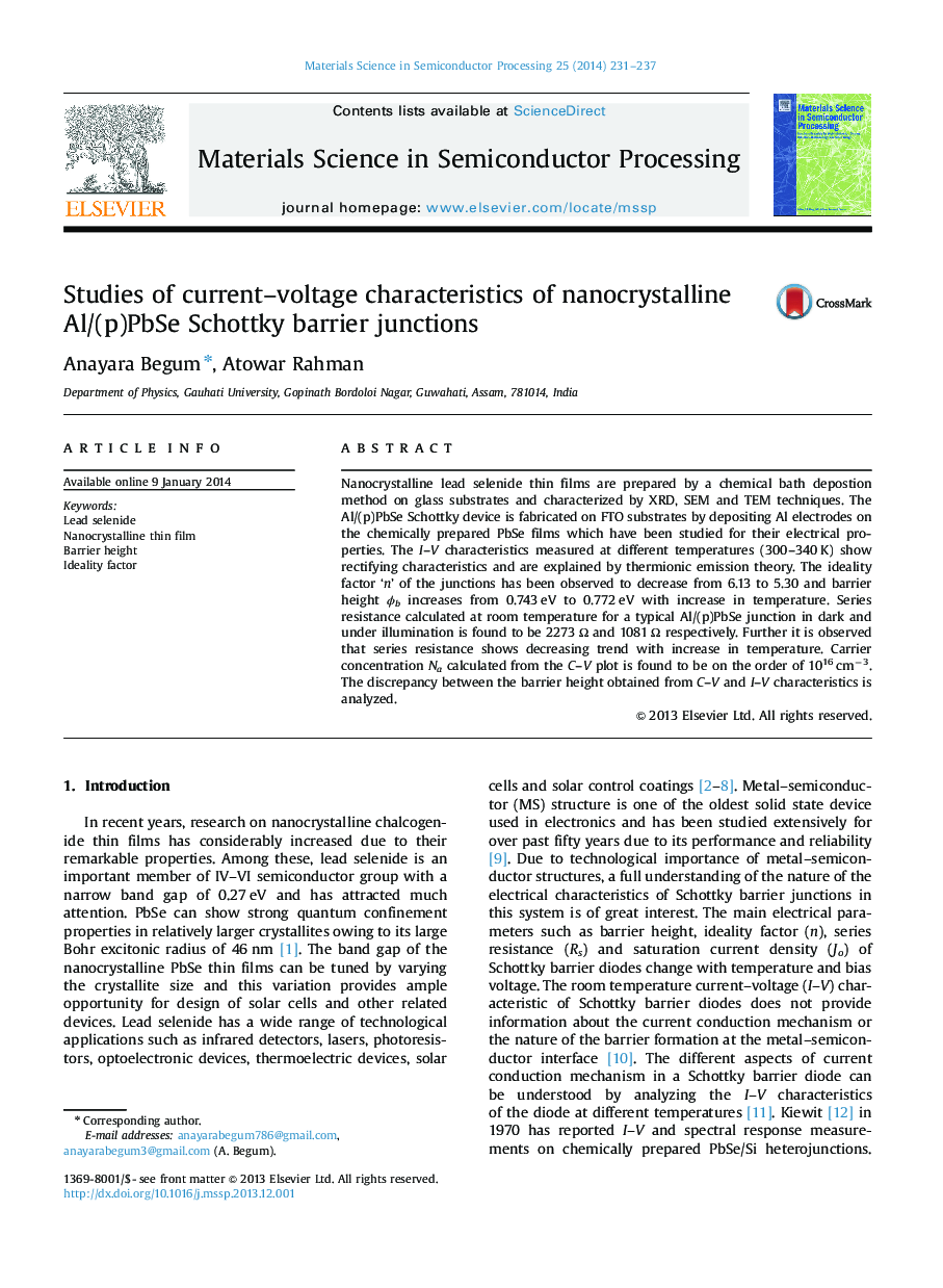 Studies of current–voltage characteristics of nanocrystalline Al/(p)PbSe Schottky barrier junctions