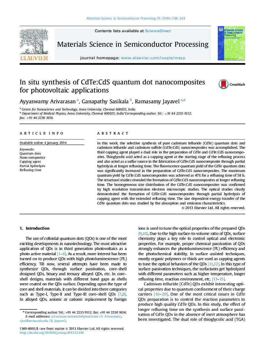 In situ synthesis of CdTe:CdS quantum dot nanocomposites for photovoltaic applications