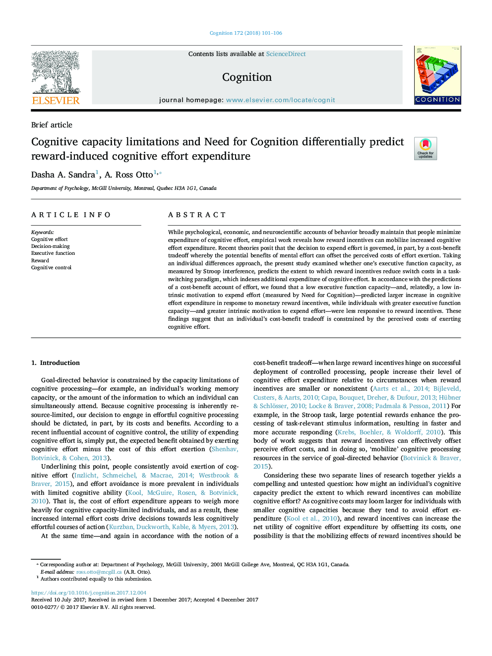 Cognitive capacity limitations and Need for Cognition differentially predict reward-induced cognitive effort expenditure