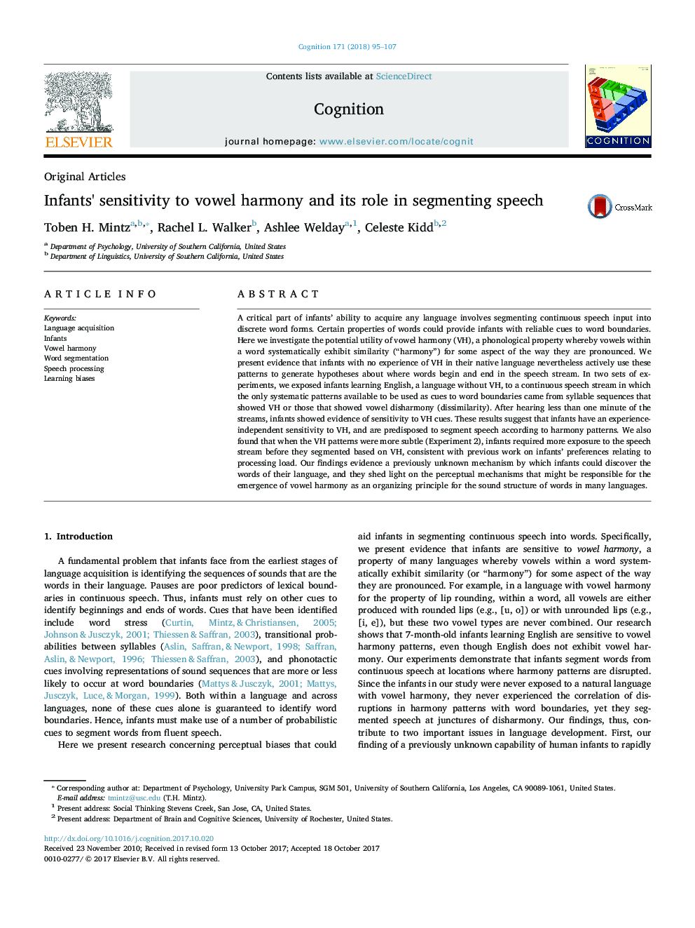 Infants' sensitivity to vowel harmony and its role in segmenting speech