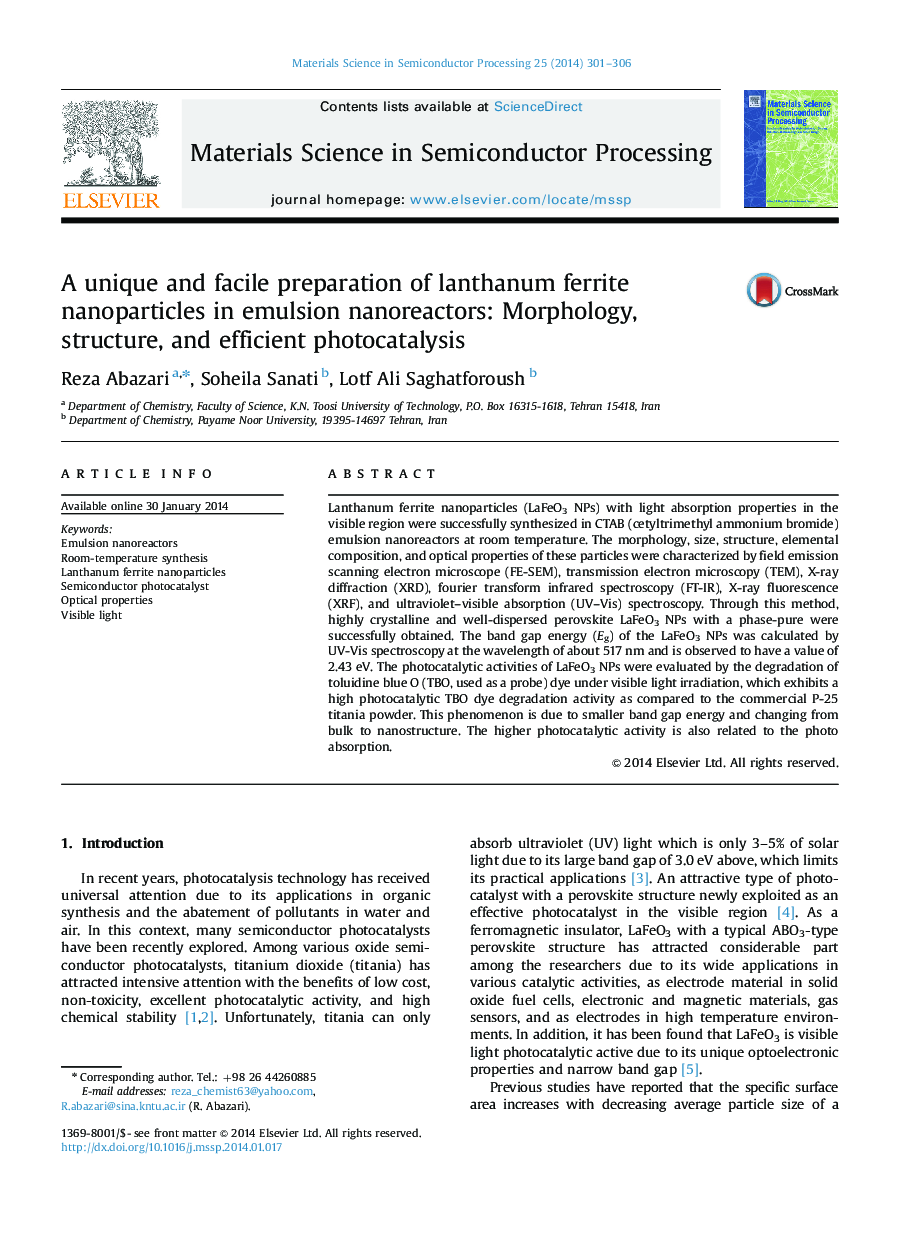 A unique and facile preparation of lanthanum ferrite nanoparticles in emulsion nanoreactors: Morphology, structure, and efficient photocatalysis