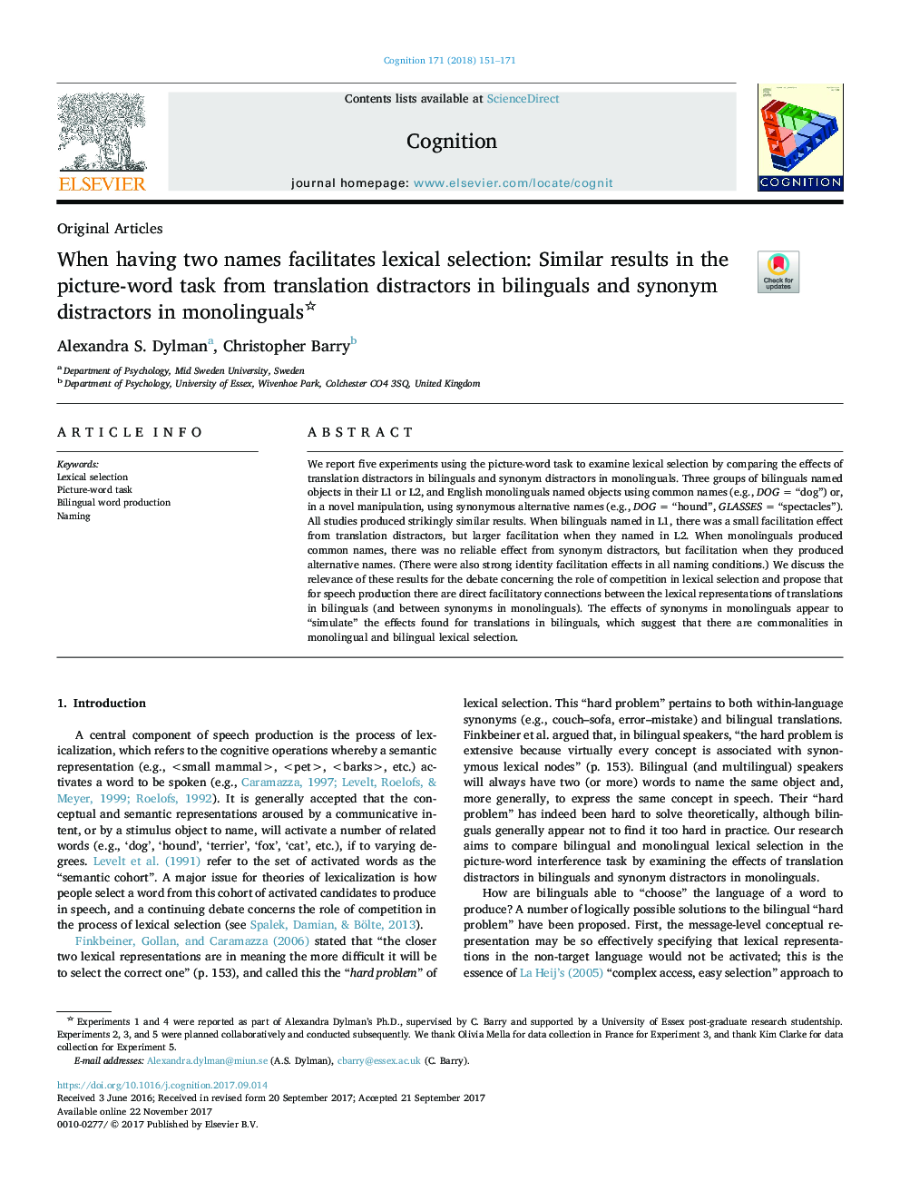 When having two names facilitates lexical selection: Similar results in the picture-word task from translation distractors in bilinguals and synonym distractors in monolinguals