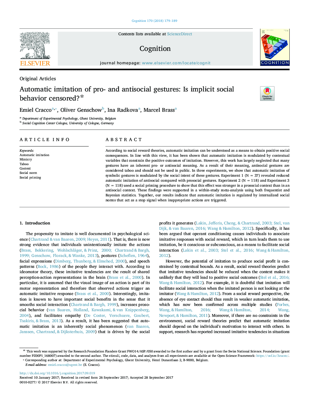 Automatic imitation of pro- and antisocial gestures: Is implicit social behavior censored?