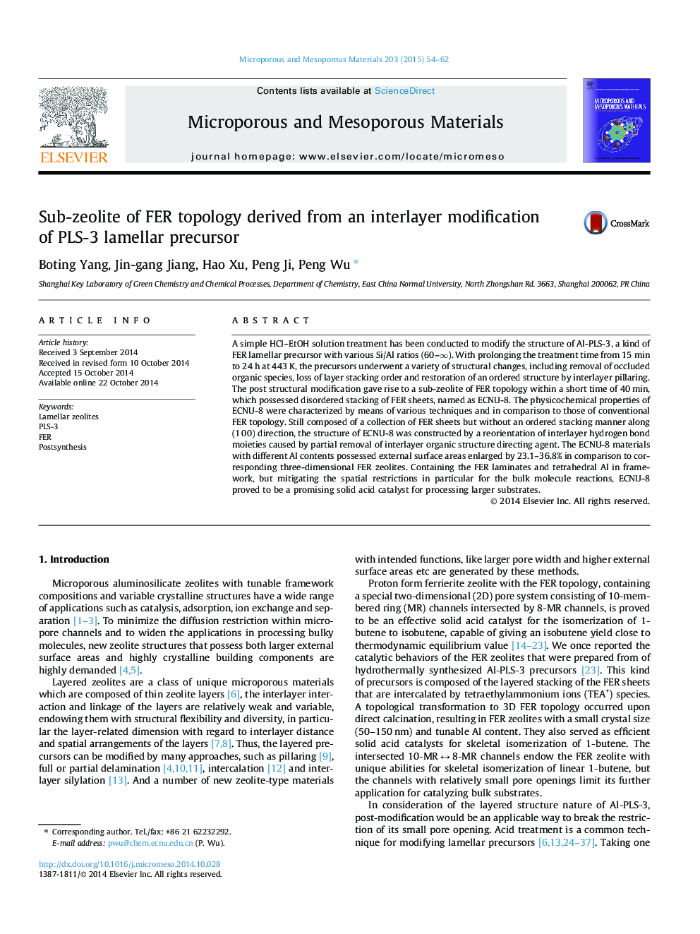 Sub-zeolite of FER topology derived from an interlayer modification of PLS-3 lamellar precursor