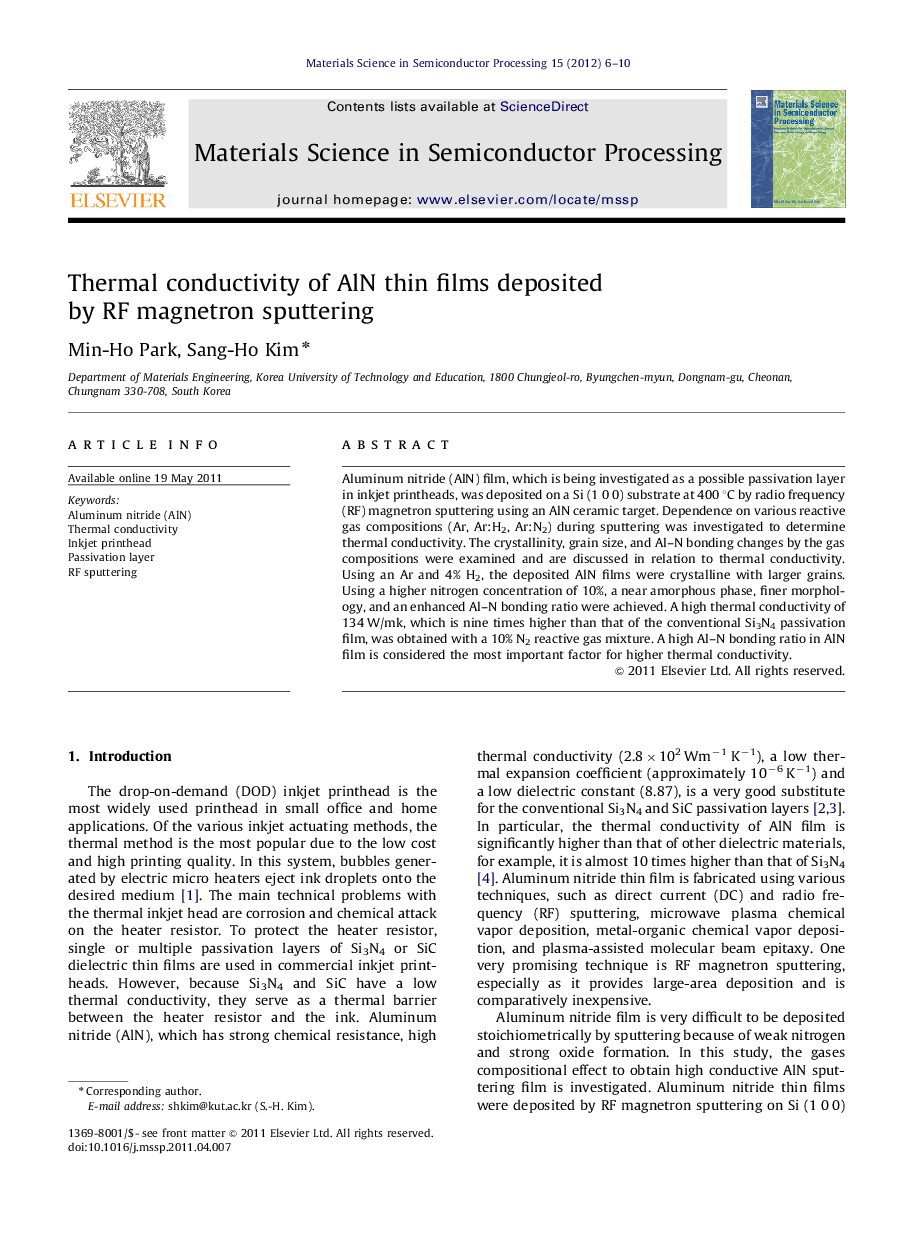 Thermal conductivity of AlN thin films deposited by RF magnetron sputtering