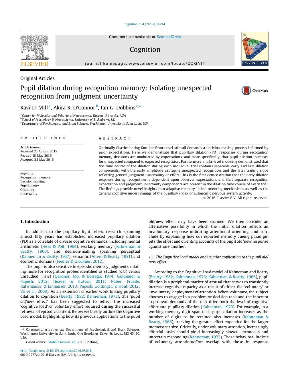 Pupil dilation during recognition memory: Isolating unexpected recognition from judgment uncertainty