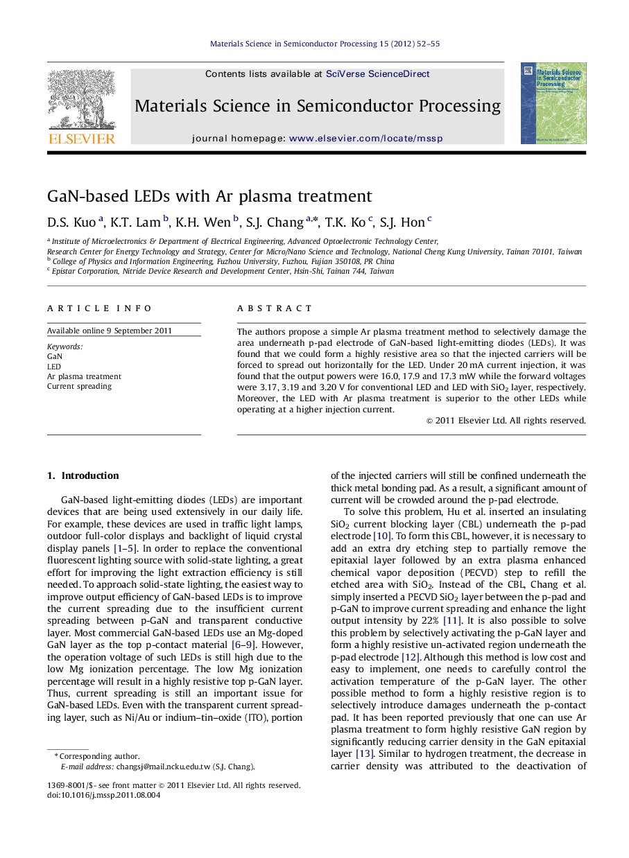 GaN-based LEDs with Ar plasma treatment