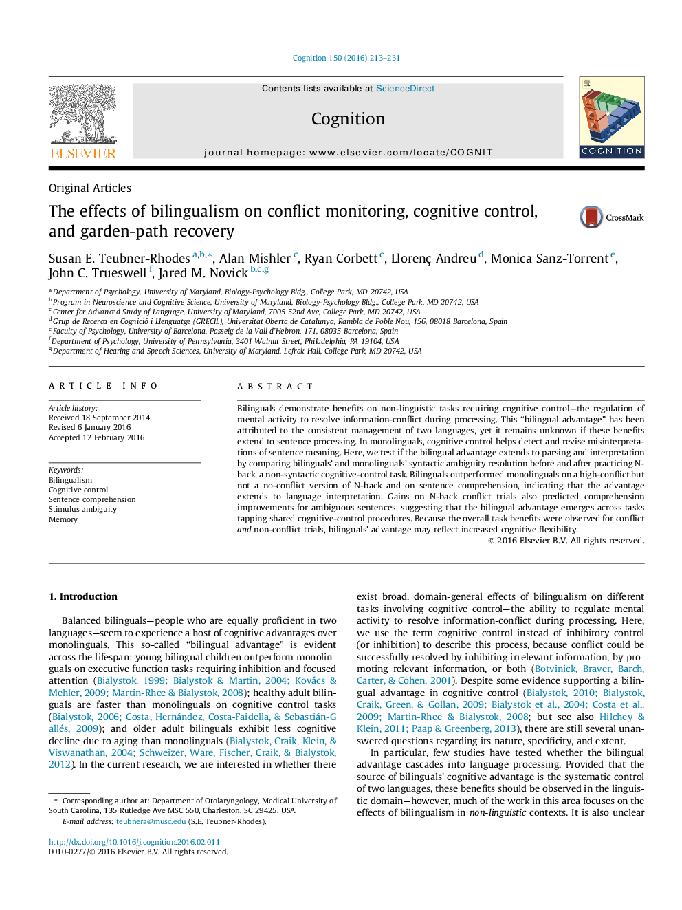 The effects of bilingualism on conflict monitoring, cognitive control, and garden-path recovery