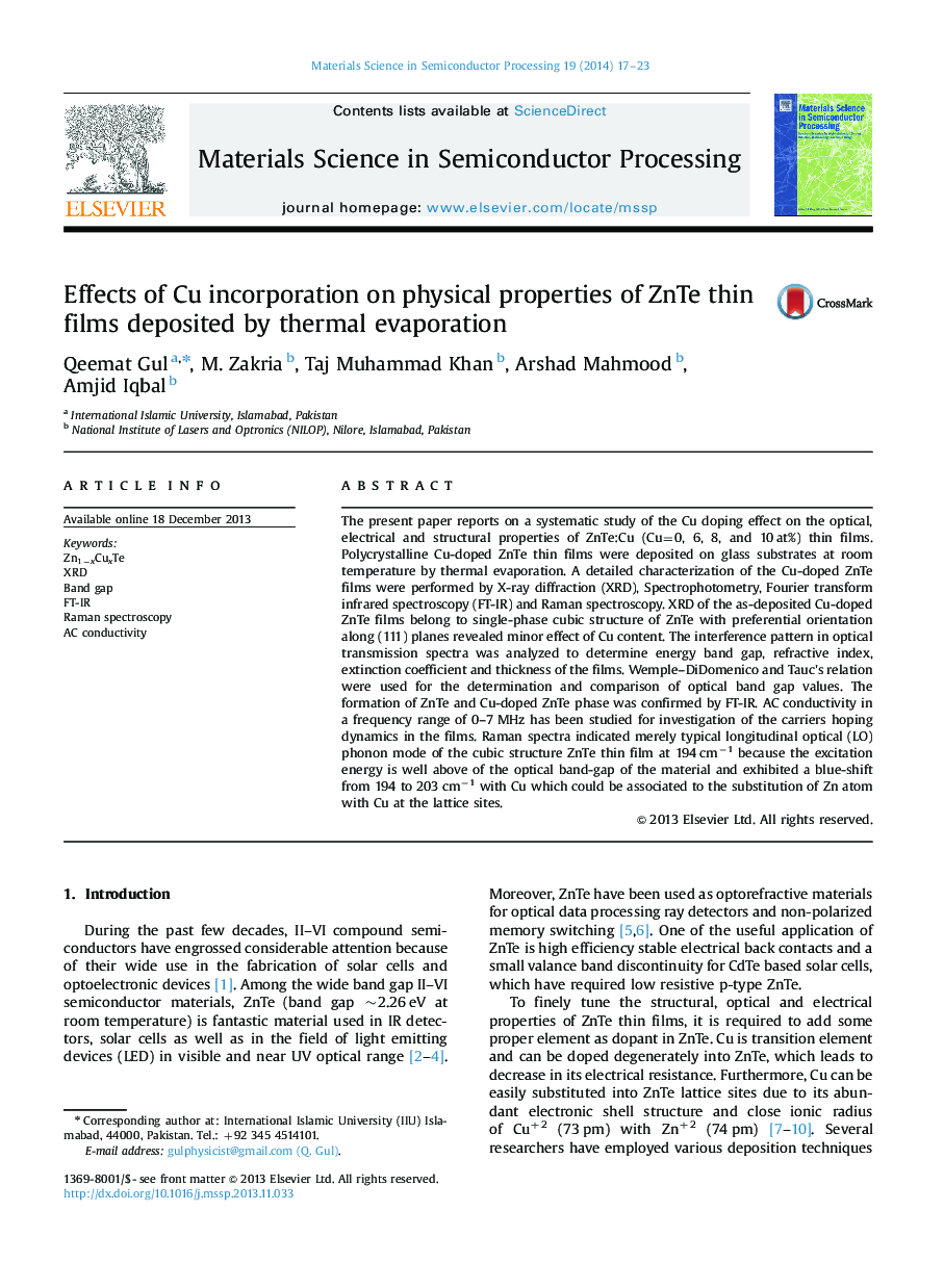 Effects of Cu incorporation on physical properties of ZnTe thin films deposited by thermal evaporation