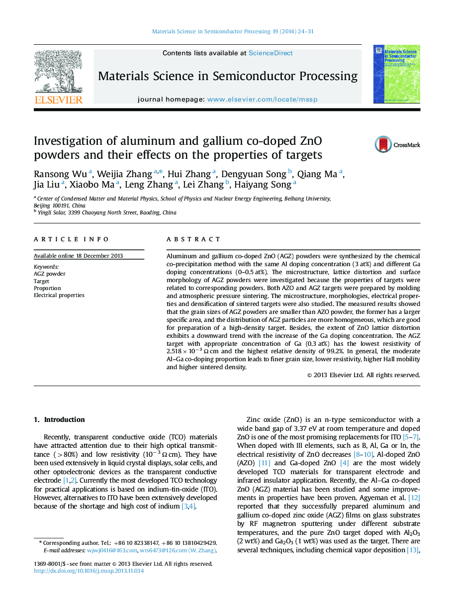 Investigation of aluminum and gallium co-doped ZnO powders and their effects on the properties of targets