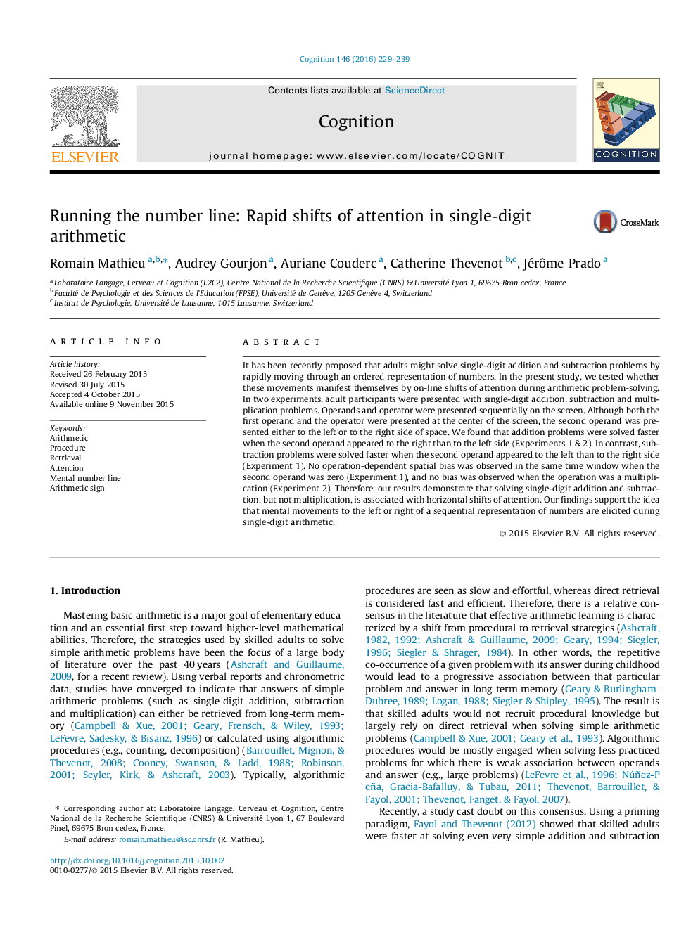 Running the number line: Rapid shifts of attention in single-digit arithmetic