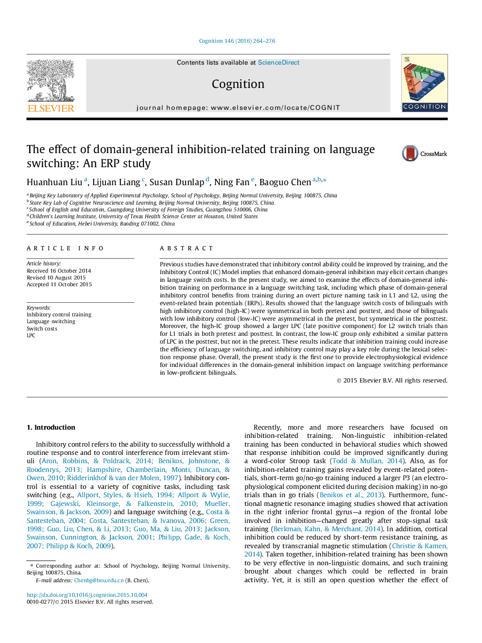 The effect of domain-general inhibition-related training on language switching: An ERP study