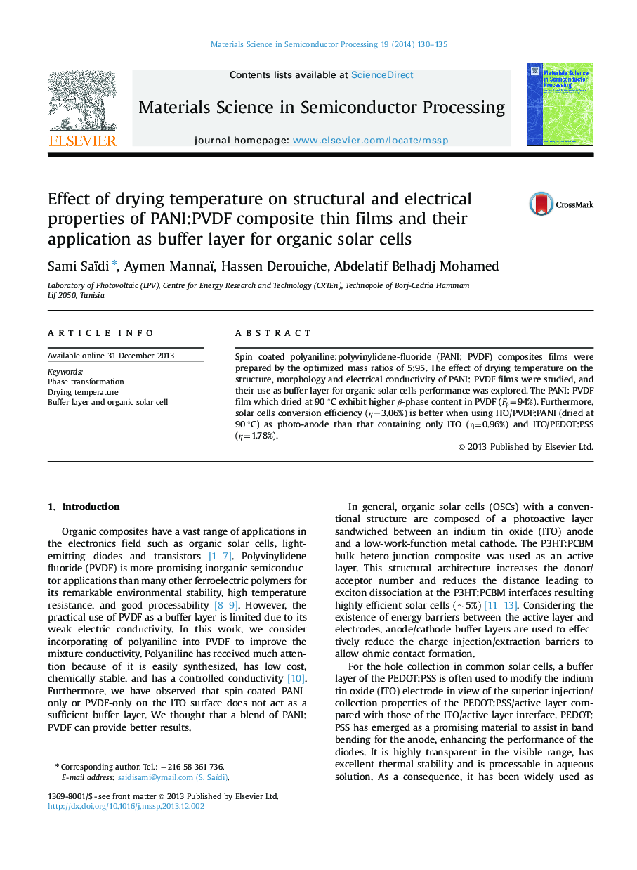 Effect of drying temperature on structural and electrical properties of PANI:PVDF composite thin films and their application as buffer layer for organic solar cells