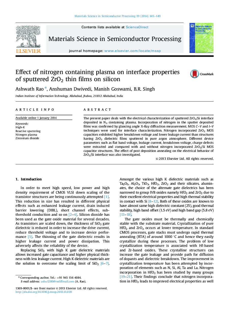 Effect of nitrogen containing plasma on interface properties of sputtered ZrO2 thin films on silicon