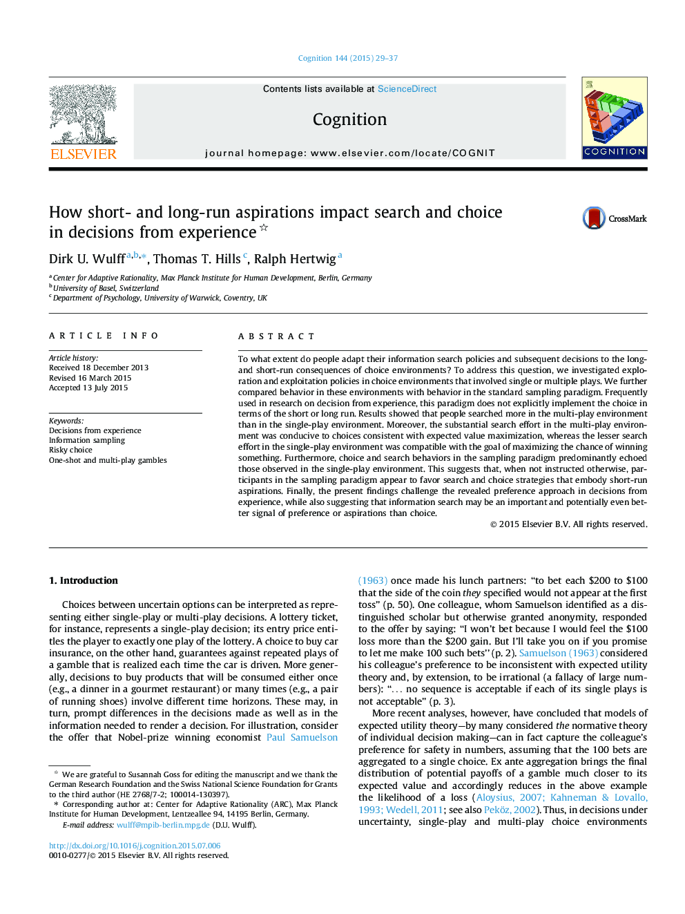 How short- and long-run aspirations impact search and choice in decisions from experience