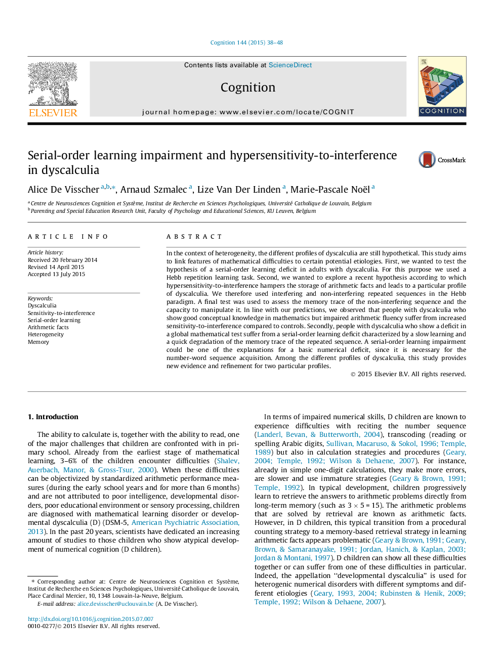 Serial-order learning impairment and hypersensitivity-to-interference in dyscalculia