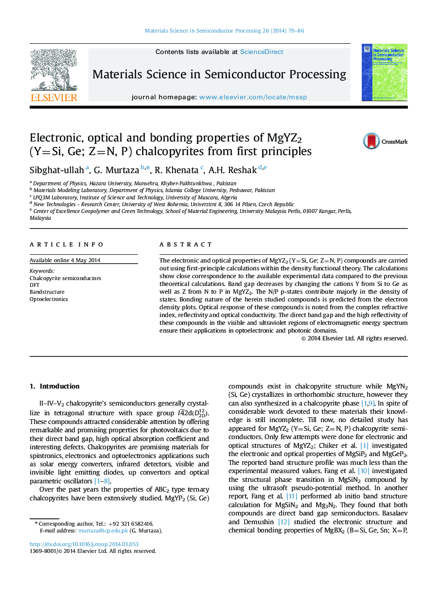 Electronic, optical and bonding properties of MgYZ2 (Y=Si, Ge; Z=N, P) chalcopyrites from first principles