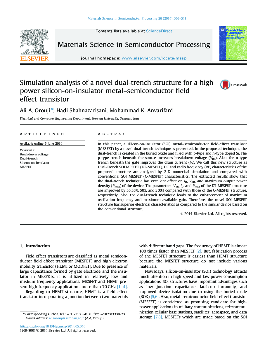 Simulation analysis of a novel dual-trench structure for a high power silicon-on-insulator metal–semiconductor field effect transistor