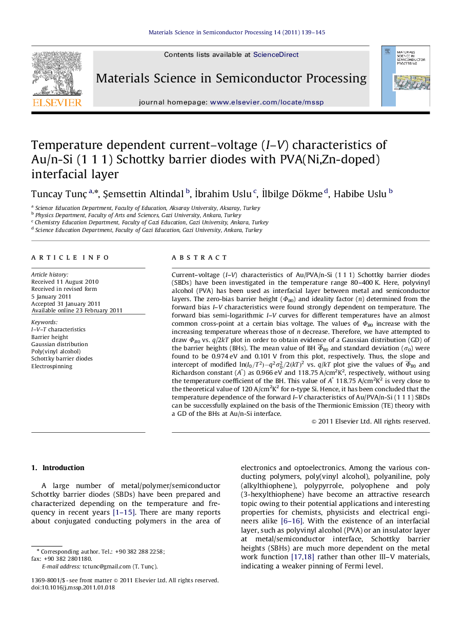 Temperature dependent current–voltage (I–V) characteristics of Au/n-Si (1 1 1) Schottky barrier diodes with PVA(Ni,Zn-doped) interfacial layer