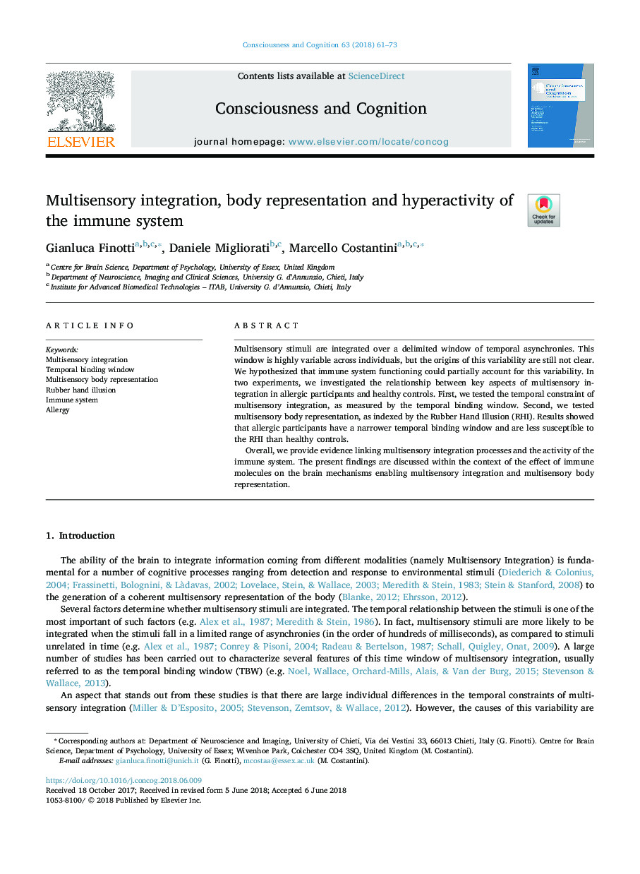 Multisensory integration, body representation and hyperactivity of the immune system