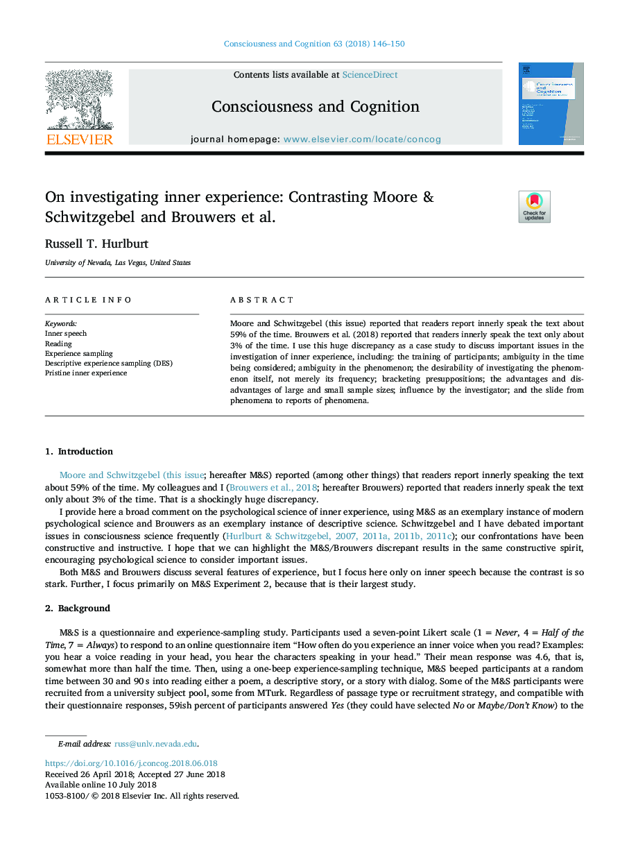 On investigating inner experience: Contrasting Moore & Schwitzgebel and Brouwers et al.