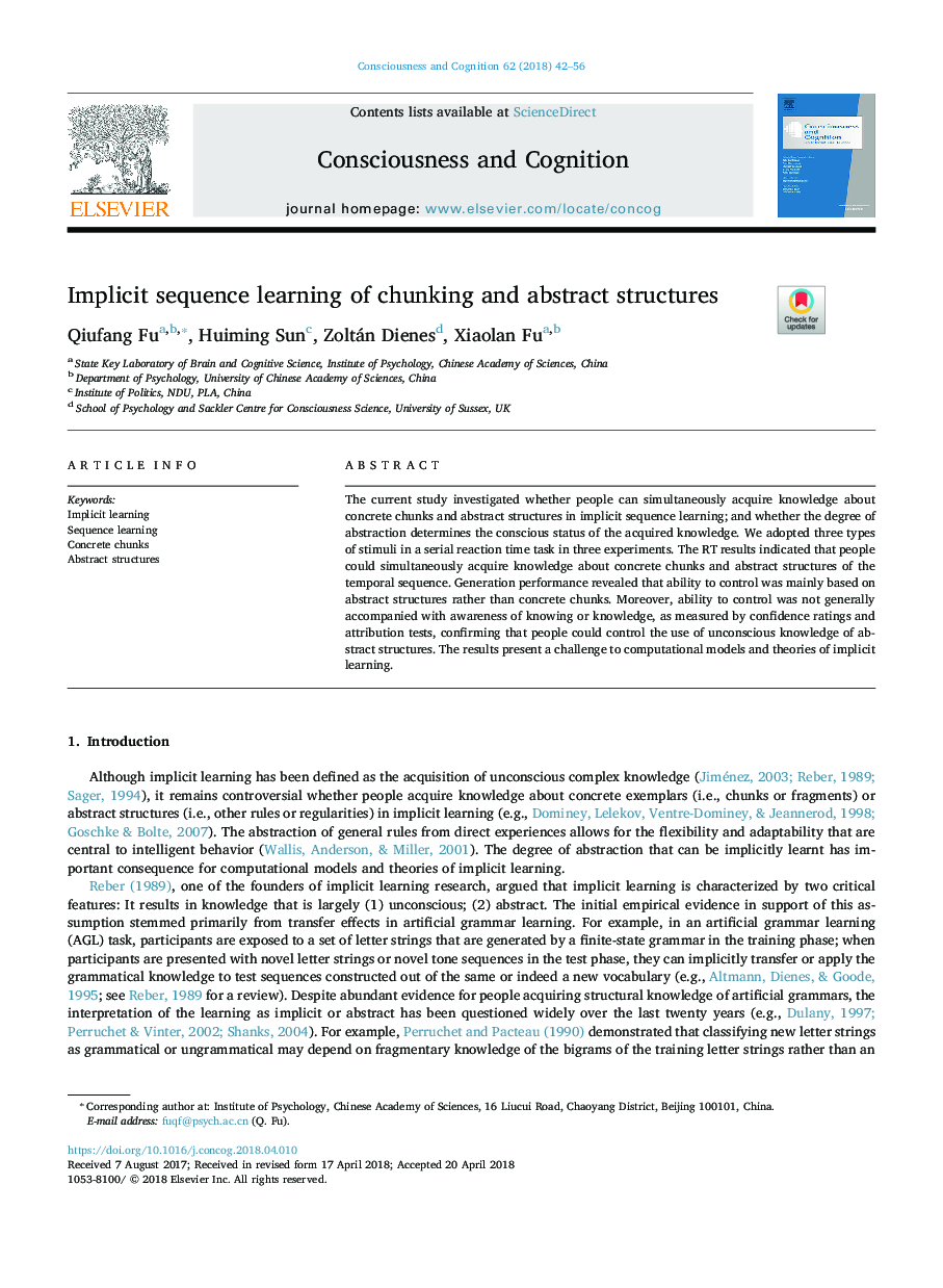 Implicit sequence learning of chunking and abstract structures