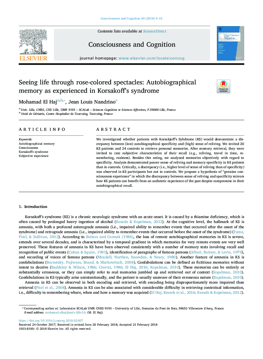 Seeing life through rose-colored spectacles: Autobiographical memory as experienced in Korsakoff's syndrome