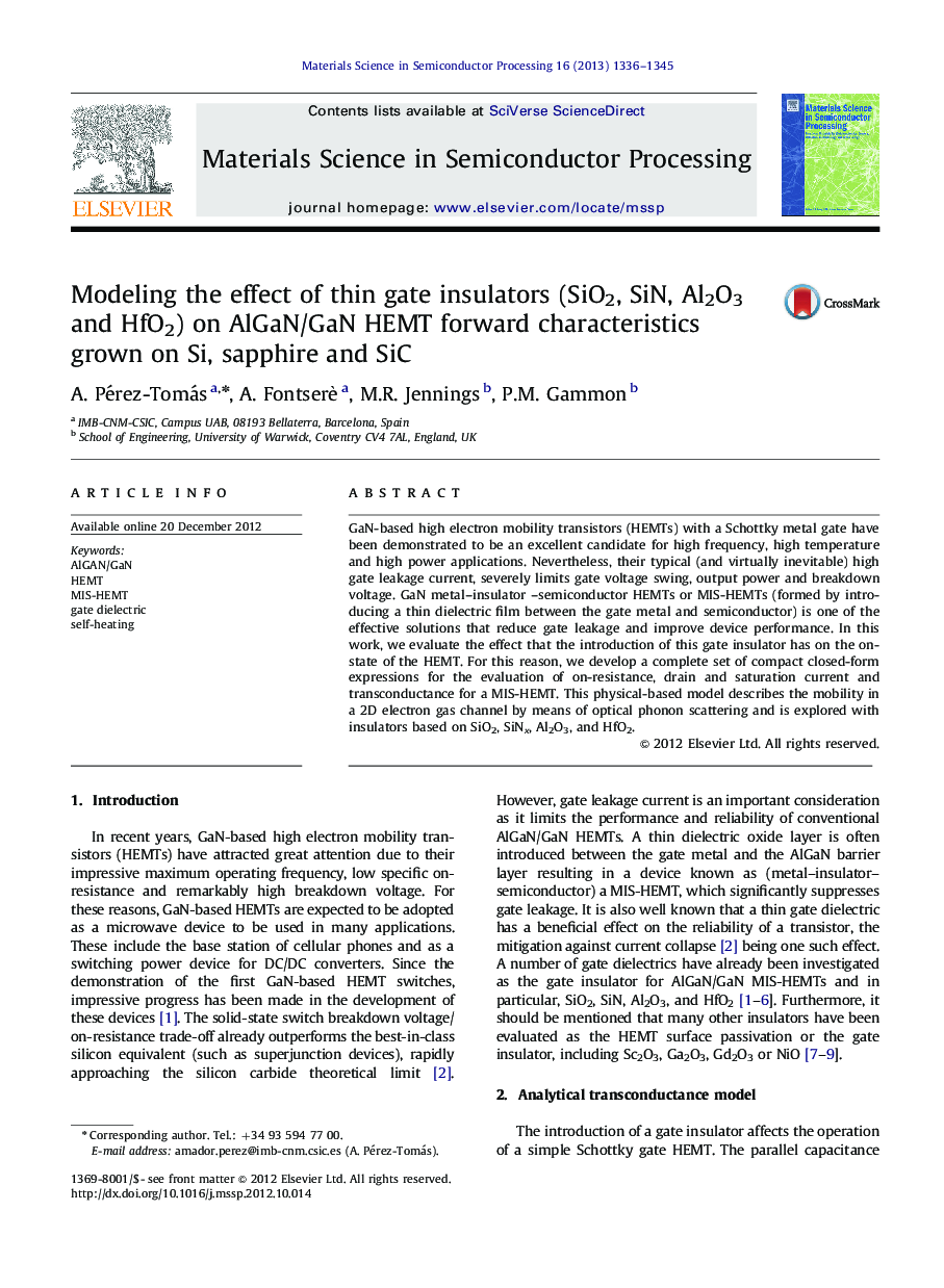 Modeling the effect of thin gate insulators (SiO2, SiN, Al2O3 and HfO2) on AlGaN/GaN HEMT forward characteristics grown on Si, sapphire and SiC