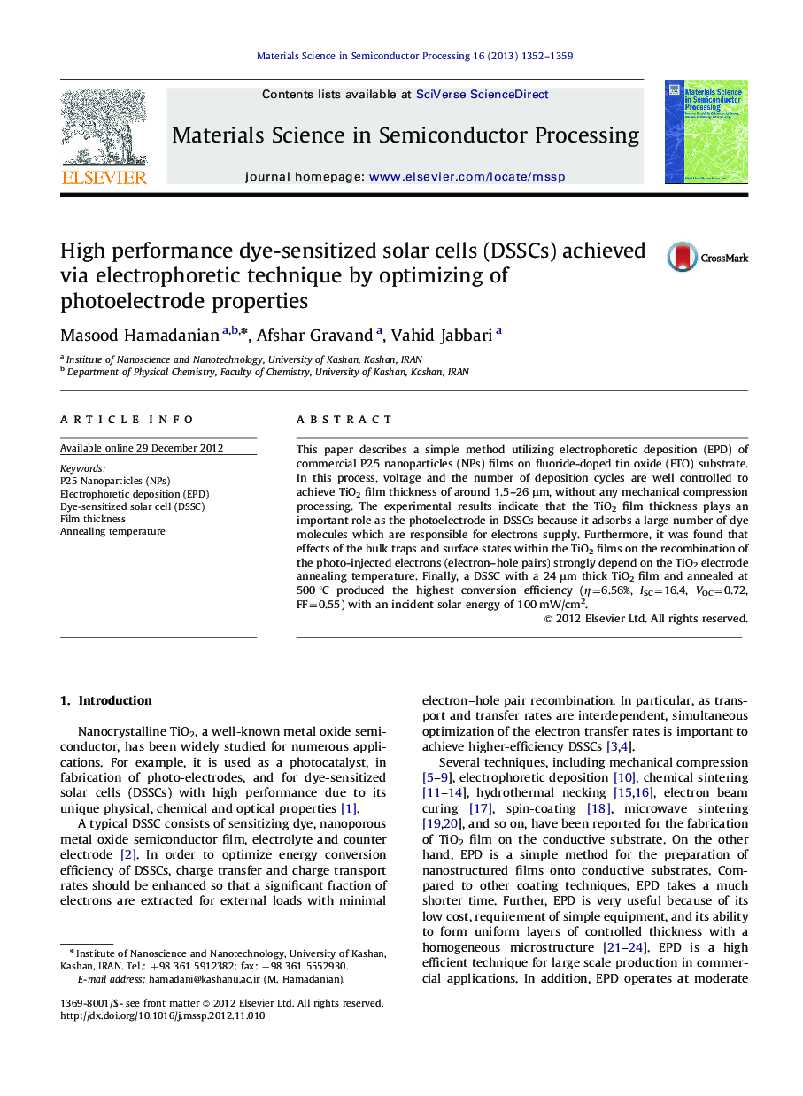 High performance dye-sensitized solar cells (DSSCs) achieved via electrophoretic technique by optimizing of photoelectrode properties