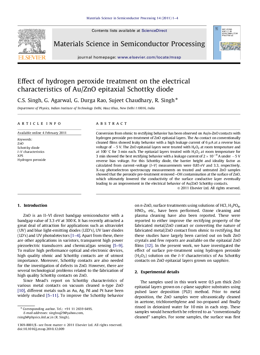 Effect of hydrogen peroxide treatment on the electrical characteristics of Au/ZnO epitaxial Schottky diode