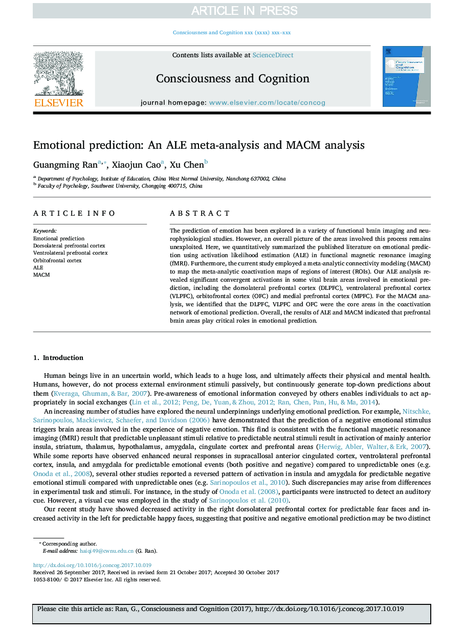 Emotional prediction: An ALE meta-analysis and MACM analysis