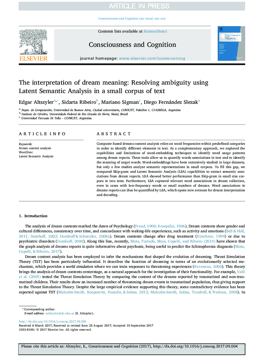 The interpretation of dream meaning: Resolving ambiguity using Latent Semantic Analysis in a small corpus of text